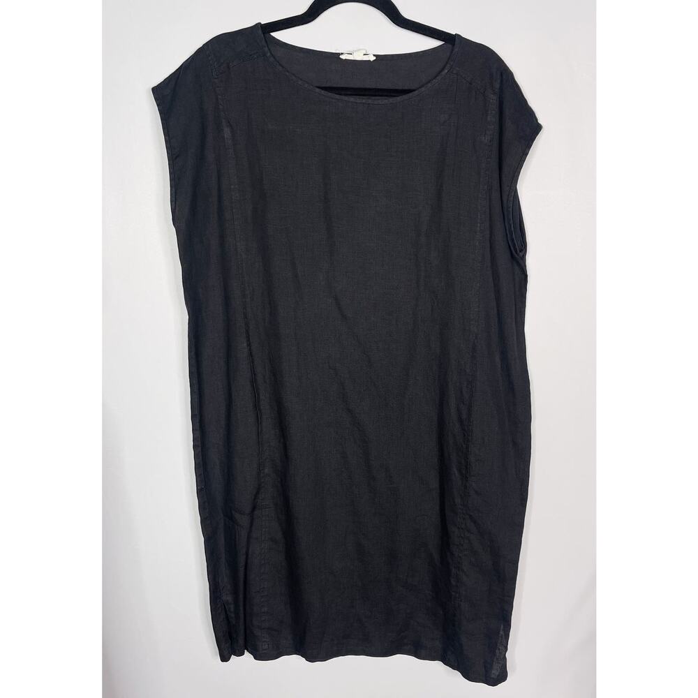 Eileen Fisher Small S Black Organic Linen Short Sleeve Boxy Fit Oversized Dress